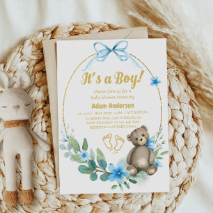 Convite Urso de Teddy Azul É um Chá de fraldas