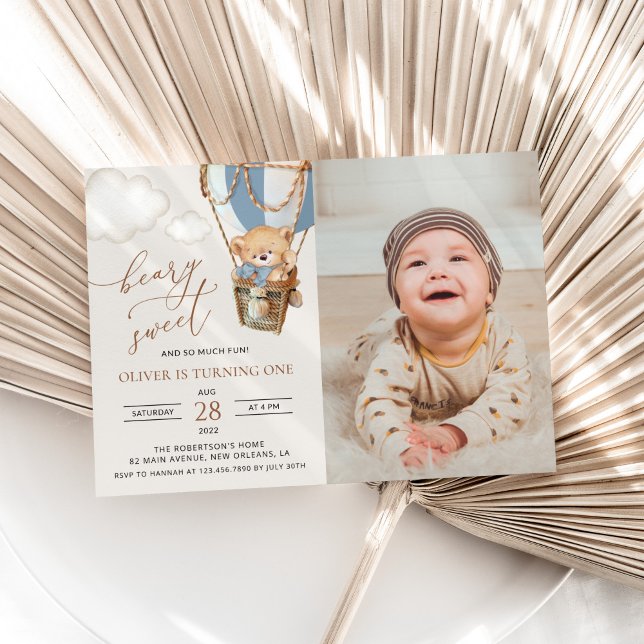 Convite Urso de Teddy, Balão de Ar Quente Azul, Primeiro A (Criador carregado)