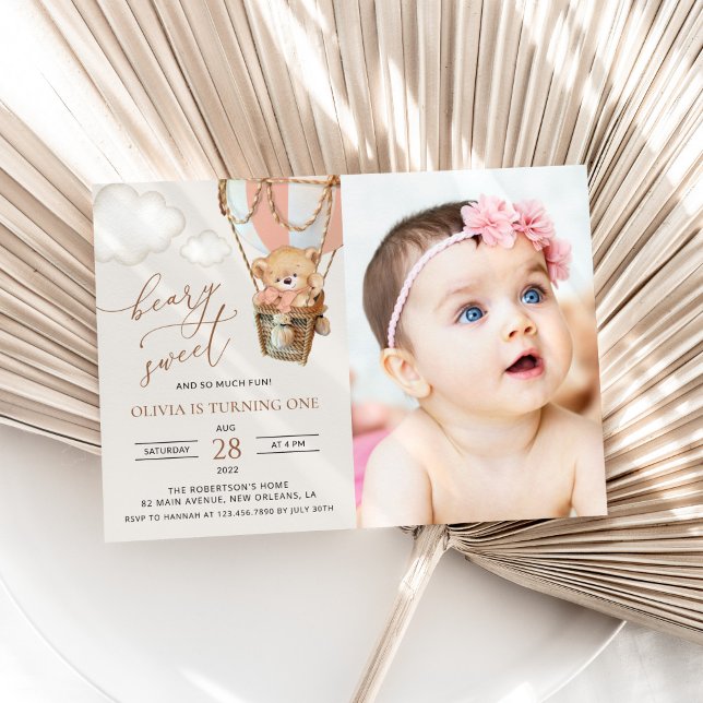 Convite Urso de Teddy, Balão de Ar Quente Rosa, Primeiro A (Criador carregado)