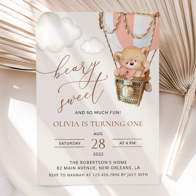 Convite Urso de Teddy, Balão de Ar Quente Rosa, Primeiro A (Criador carregado)