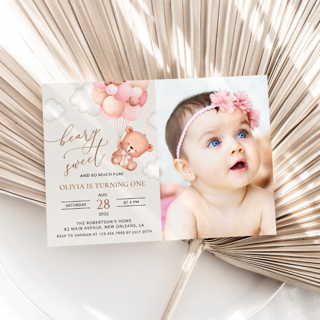 Convite Urso de Teddy, Balões Roxos, Primeiro Aniversário (Criador carregado)