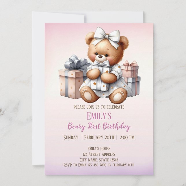 Convite Urso de Teddy Bonito com Balões e Presentes (Frente)