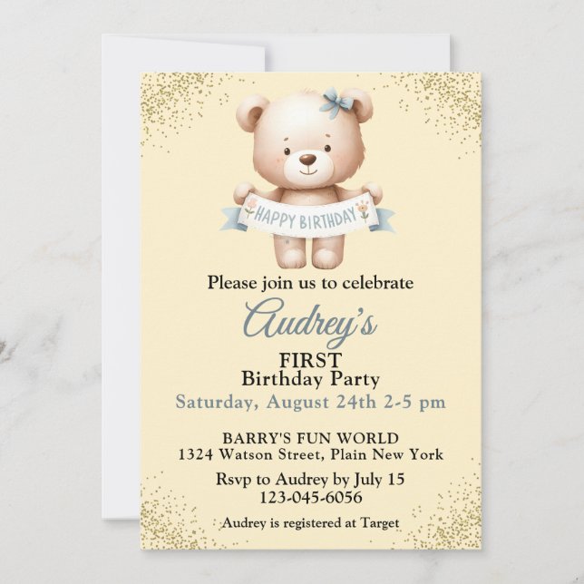 Convite Urso de Teddy Bonito com Banner de Aniversário Fel (Frente)