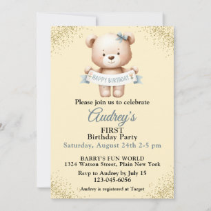 Convite Urso de Teddy Bonito com Banner de Aniversário Fel