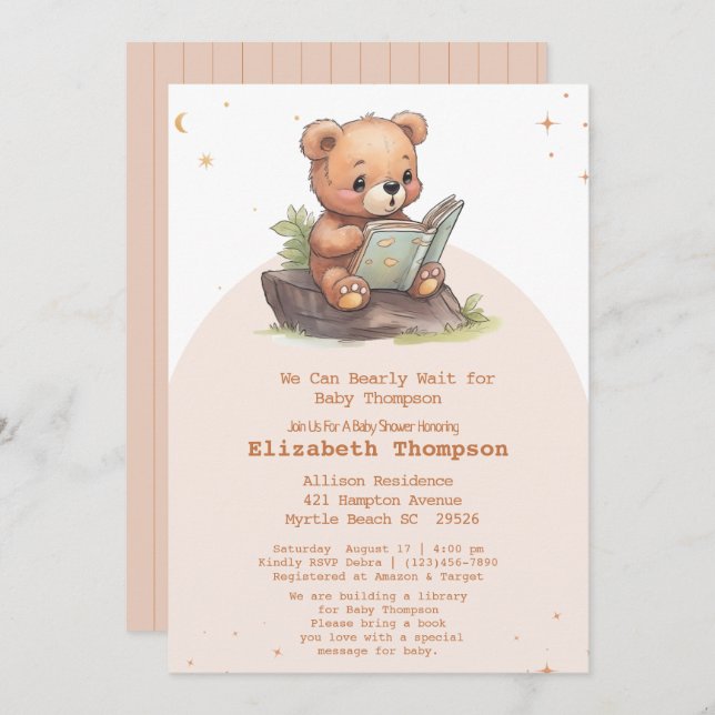 Convite Urso de Teddy Bonito Traga um Chá de fraldas de Li (Frente/Verso)