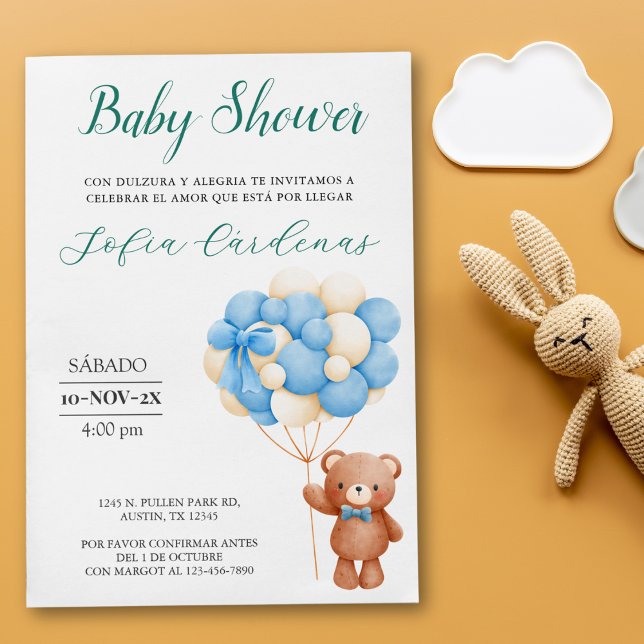 Convite Urso De Teddy Com Balões Branco Chá de fraldas Esp (Teddy Bear With Balloons Spanish Baby Shower White Invitation)