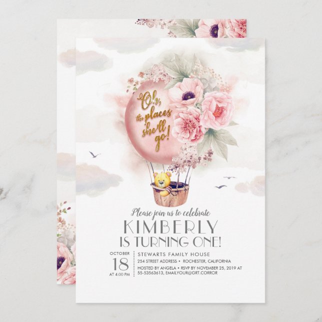 Convite Urso de Teddy e Balão de Ar Quente Floral (Frente/Verso)