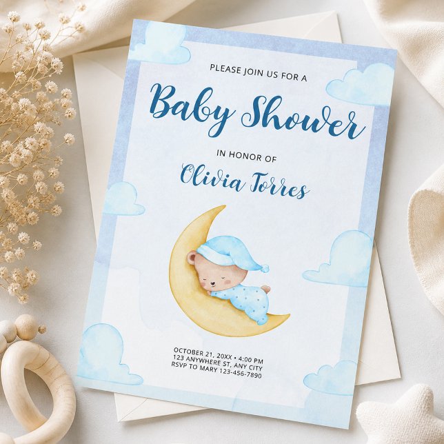 Convite Urso de Tedê em Aquarela Azul no Chá de Bebê da Lu (Blue Watercolor Teddy Bear on Moon Baby Shower Invitation, Its a Boy, We Can Bearly Wait)