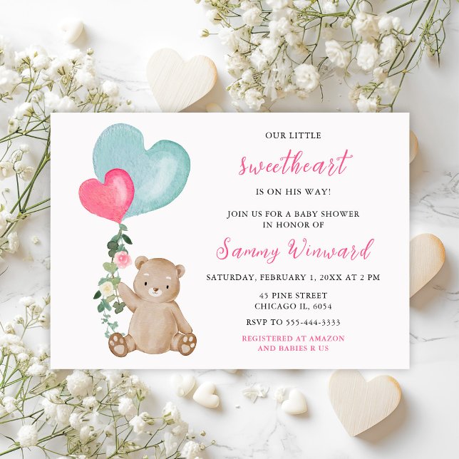 Convite Urso de Valentine Rosa e Azul Baby Shower (Criador carregado)