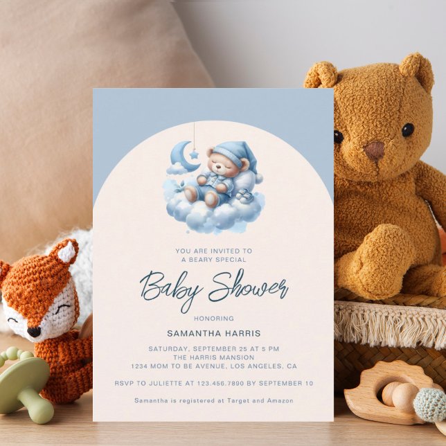 Convite Urso dormindo em nuvem azul menino baby shower (Criador carregado)