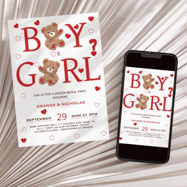 Convite urso e namorados corações gênero revelam (Criador carregado)