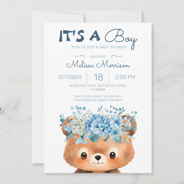 Convite Urso é um menino Festa Azul para Bebê (Frente)