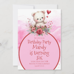 Convite Urso Floral Aquarela Vermelho Aniversário