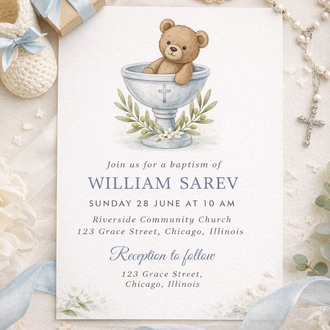 Convite Urso Fofo com Cruz de Ramo de Oliveira Batismo Men (Teddy Bear Baptism Invitation for Boy with Cross and Greenery)