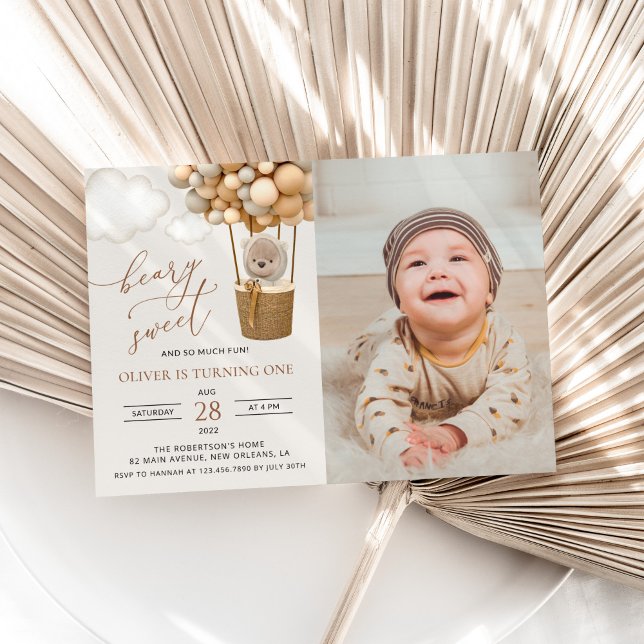 Convite Urso Gelado, Balões de Beige, Primeiro Aniversário (Criador carregado)