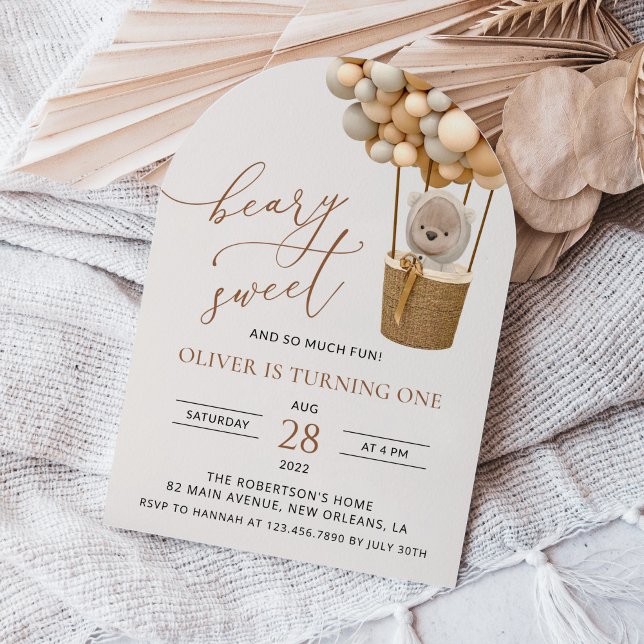 Convite Urso Gelado, Balões de Beige, Primeiro Aniversário (Criador carregado)
