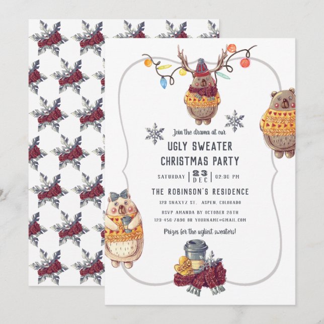 Convite Urso Kawaii Fofo Suéter Feio Festa de Natal (Frente/Verso)