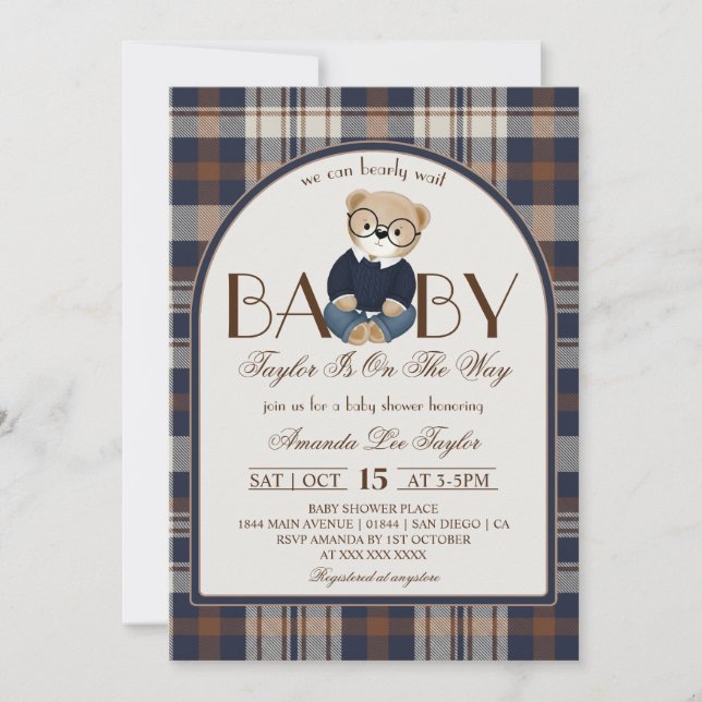 Convite Urso Mal Mal Espera Luxo Menino Churrasco de Bebê (Frente)