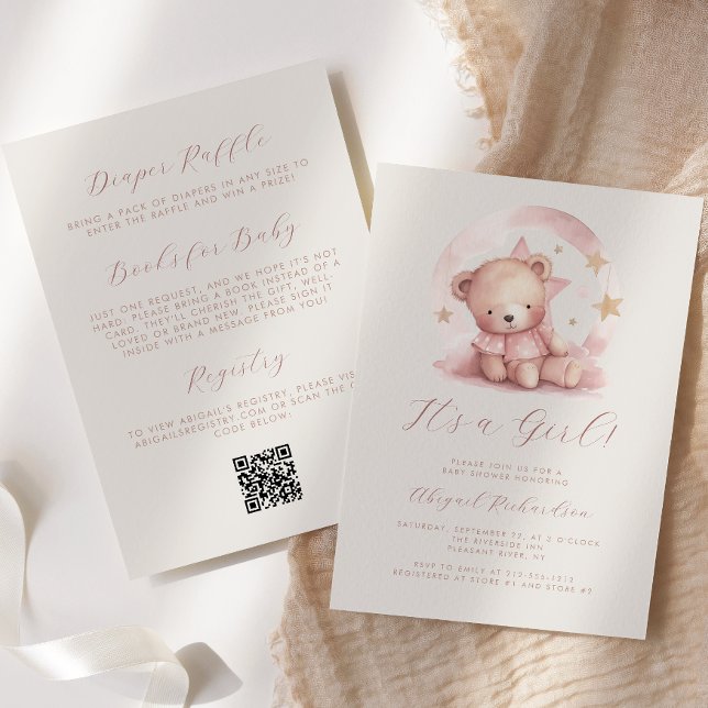 Convite Urso Menina Aquarela Rosa Código QR Chá de Bebê (Criador carregado)