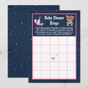 Convite Urso Menina Náutica Rosa e Azul Bebê Bingo