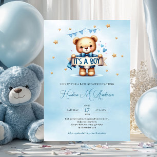 Convite Urso moderno azul e castanho é um menino