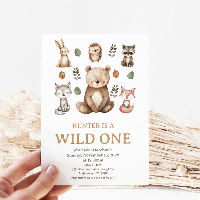 Convite Urso Moderno - Floresta Selvagem Um primeiro anive (Bear Woodland Wild One 1st Birthday Party Invitation, Woodland Wild One Birthday Invitation, Modern)