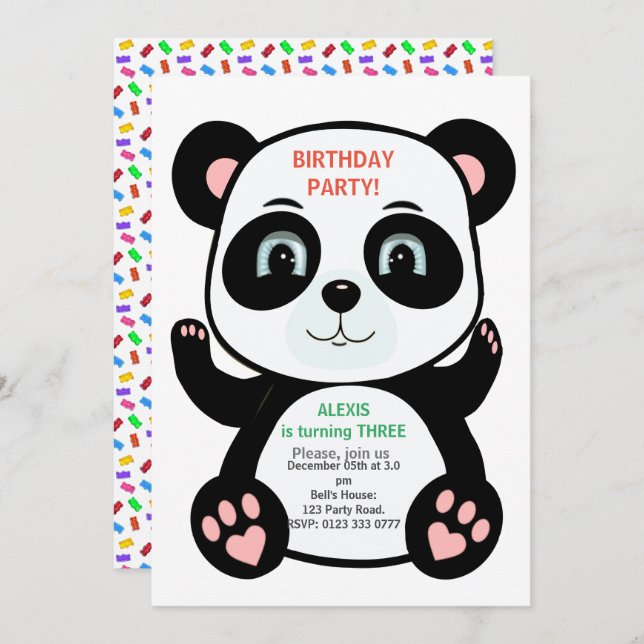 Convite Urso Panda Bonito e Confetti Multicolorido (Frente/Verso)