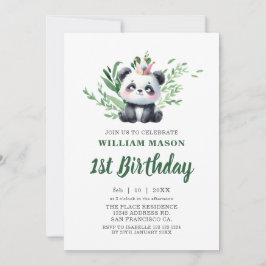 Convite Urso Panda Fofo Aquarela Verde 1º Aniversário