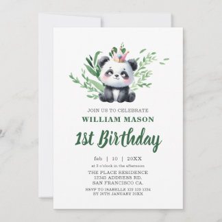 Convite Urso Panda Fofo Aquarela Verde 1º Aniversário