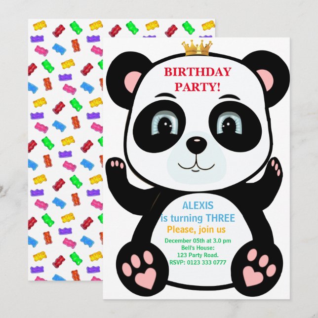 Convite Urso Panda Fofo & Doces Multicoloridos (Frente/Verso)