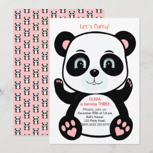 Convite Urso Panda Fofo em Aniversário Rosa e Branco