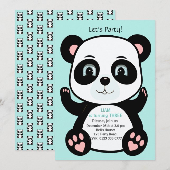 Convite Urso Panda Fofo em Azul Teal Claro Aniversário (Frente/Verso)