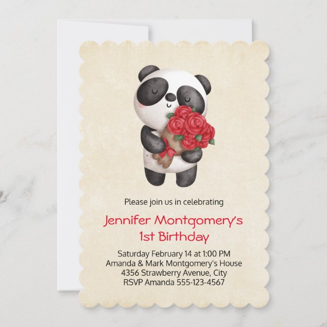 Convite Urso Panda Segurando Buquê de Rosas de Aniversário (Frente)