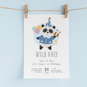 Convite Urso Panda Selvagem Azul 1º Aniversário