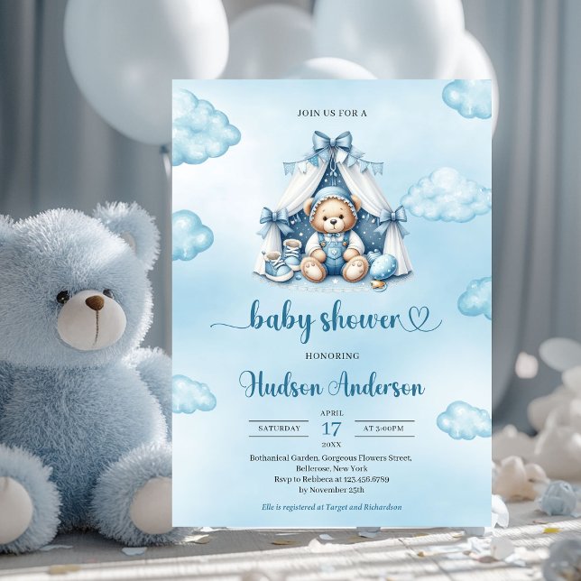 Convite Urso peludo bonitinho com tenda azul-marfim (cute teddy bear in a tent boy baby shower invitation)