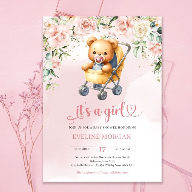Convite Urso peludo bonito no carrinho de bebê, bebê flora (Cute teddy bear girl in baby stroller and pink roses flowers invitation)