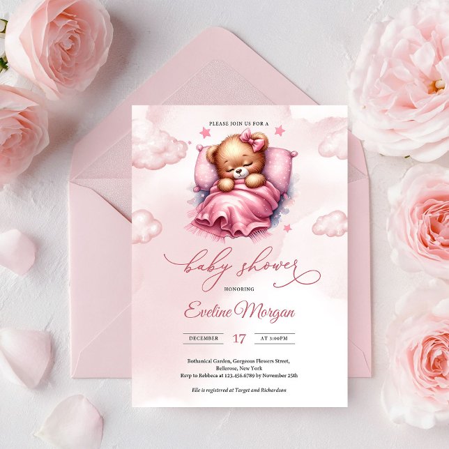 Convite Urso-peludo-dormindo, cor-de-água-branca, rosa-d'á (Cute Teddy Bear on Pink Cloud Baby Shower Invitation Editable Printable PDF Template)
