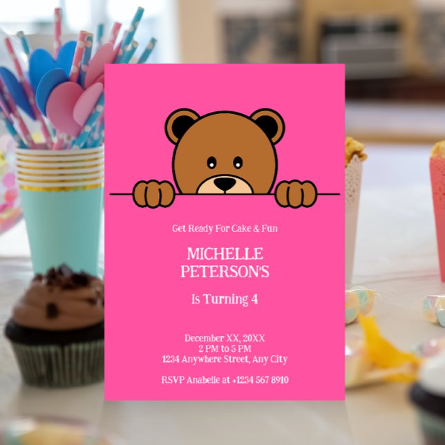 Convite Urso Pêssego Cugado | Cartoon simples a rosa (Criador carregado)