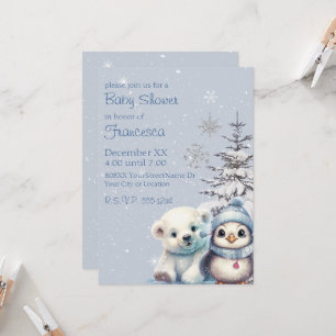 Convite Urso Polar Bebê Fofo e Pinguim Polo Norte Inverno