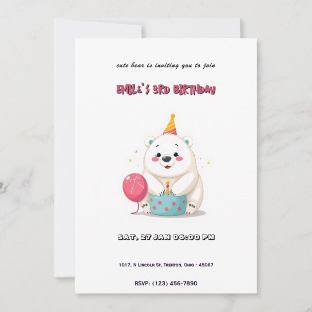 Convite Urso Polar Bonito de Aniversário com Chapéu do Par (Frente)