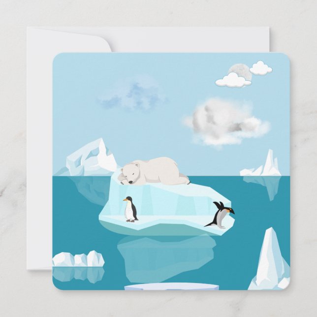 Convite Urso Polar Dormindo e Pinguins em um convite. (Frente)