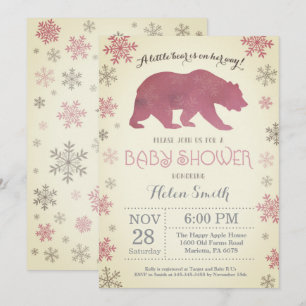 Convite Urso Polar Inverno Rosa Menina Churrasco de Bebê F