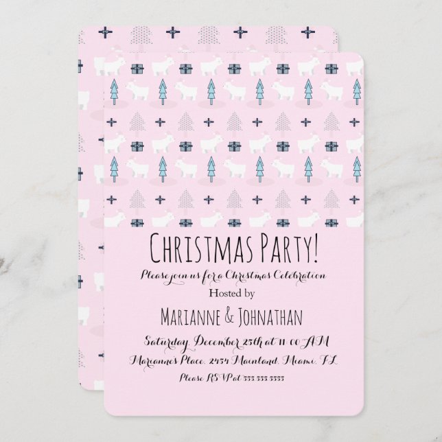 Convite Urso Polar NatalApresenta Padrão de Árvores de Fér (Frente/Verso)