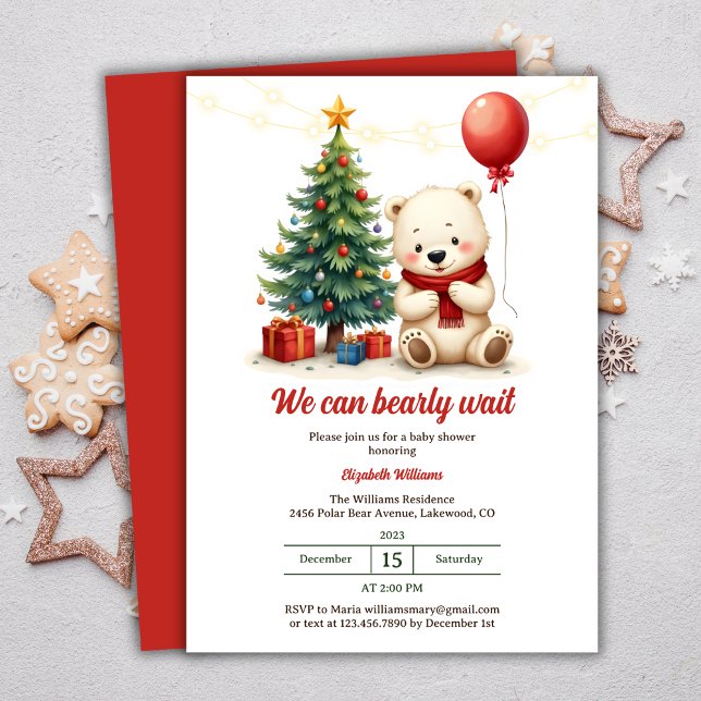 Convite Urso Polar Vermelho E Branca De Natal (Cute Polar Bear Red And White Festive Christmas Brunch Invitation)