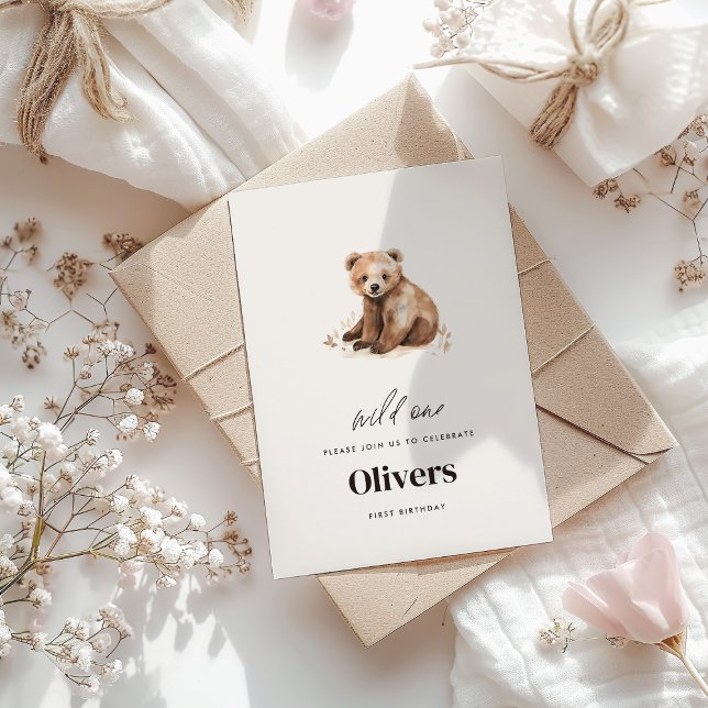 Convite Urso primeiro aniversario moderno de uma só aquare (Criador carregado)