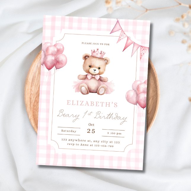 Convite Urso Princesa Rosa Beary 1º Aniversário (Criador carregado)