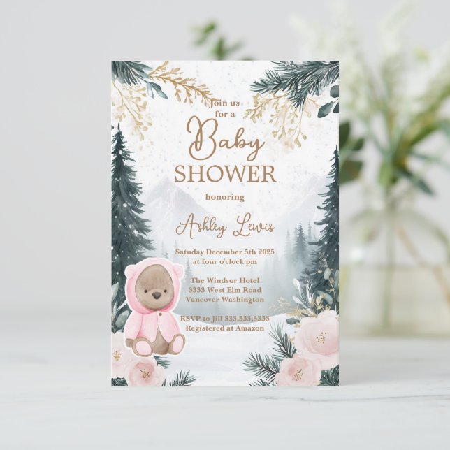 Convite Urso Rosa de Inverno floresta de neve rosa da flor (Em pé/Frente)