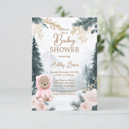 Convite Urso Rosa de Inverno floresta de neve rosa da flor