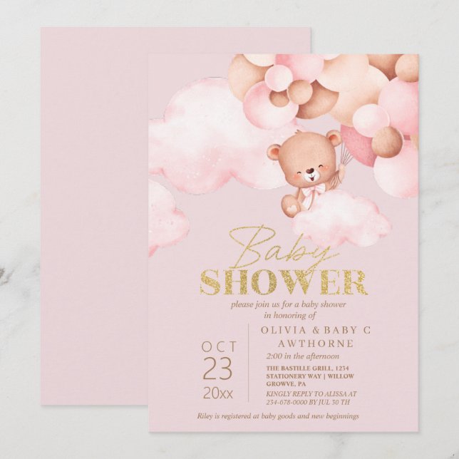 Convite Urso Rosa e Dourado Chá de Menina (Frente/Verso)