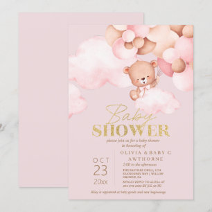 Convite Urso Rosa e Dourado Chá de Menina